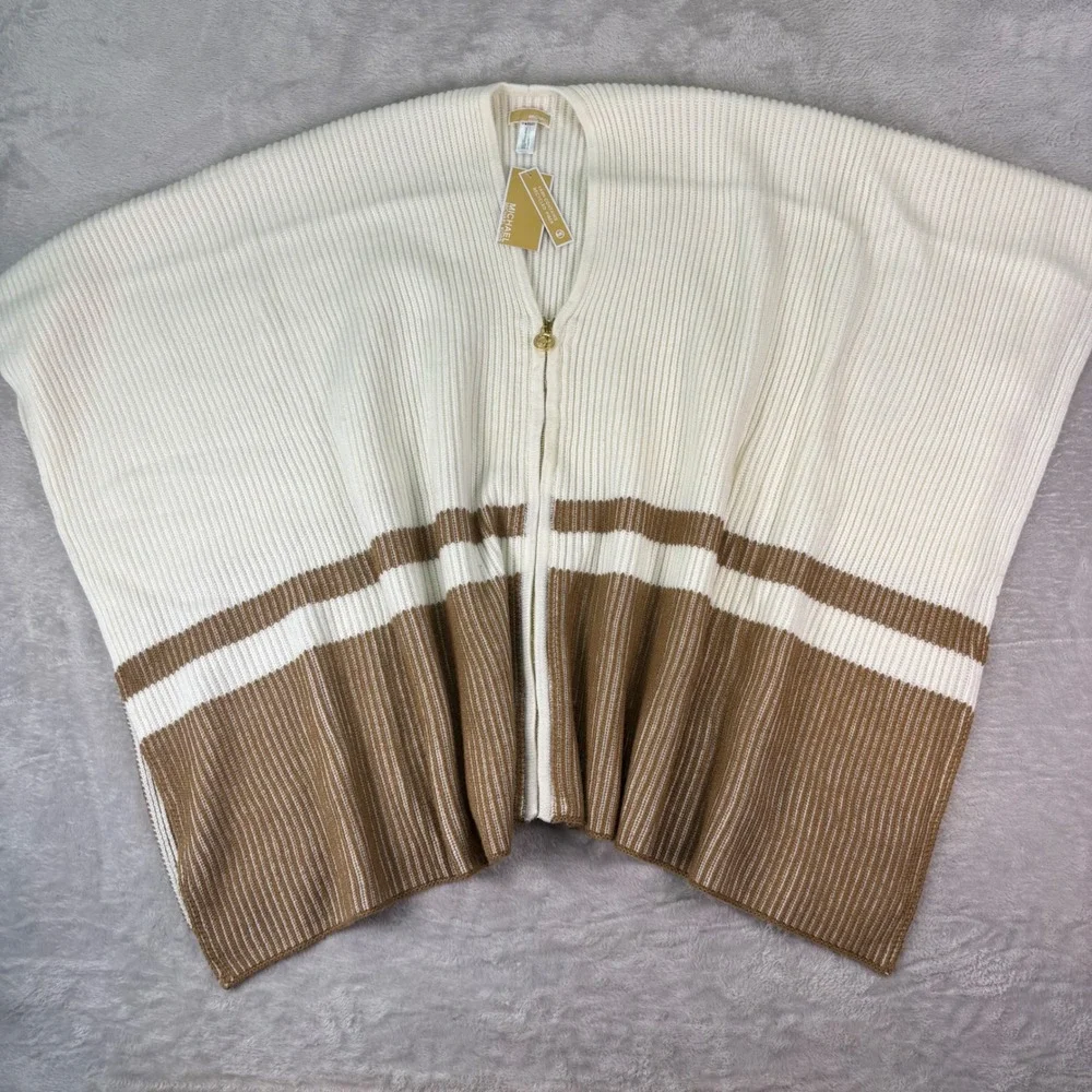 NWT Michael Kors Women's Fisherman Rib Poncho Cream‎ Tan Zip Knit One Size Chic